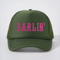 Cappellino trucker verde militare con ricamo DARLIN' rosa e corda intrecciata retrò - Regolabile / Verde Militare