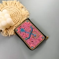 Bohemian style beaded card holder with colorful floral patterns and gold zipper detail - No.15 (Arrow & Flowers)