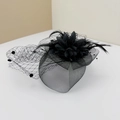Detail of vintage black fascinator veil featuring handmade flowers and feathers - Black - With Clip