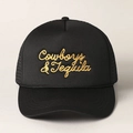 Detail of Cowboys and Tequila gold embroidery and rope on a black trucker hat - One Size / Black/Gold Logo