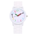Detail of kids watch dial featuring pencil-shaped hands and colorful numeric scales - White