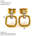 Detailed view of gold square stud earrings with zircons and product specifications - Hollow Square Design (SE056G)