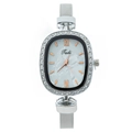 Fashionable women's quartz watch with oval rhinestone dial and silver Milanese mesh strap - White