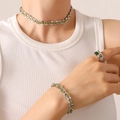 Silver cuban chain jewelry set with green cubic zirconia accents on necklace and ring - Silver Color Light Green Zirconia Bracelet-16+5cm