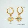 Close-up of gold stainless steel hoop earrings with blue zircon star pendant and dimensions - Gold Blue Zircon Eight-Pointed Star
