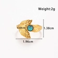 Adjustable golden leaf ring with turquoise gemstone inlay and precise product dimensions - Double Leaf Turquoise Open Style (TR104-Blue)