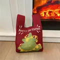 Deep red Christmas knitted tote bag with green tree pattern and festive fireplace background - Red Bell Christmas Tree