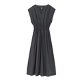 Minimalist dark grey V-neck sleeveless maxi dress with pleated waist and flared hem - XS / Gray