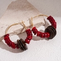 Ethnic style round hoop earrings with red and brown coconut shell beads and gold metal hooks - Silver Earring Post - Red