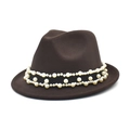 Detail of dark brown wool fedora hat featuring double row faux pearl black headband - M (56-58cm) / Coffee