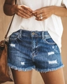 Short en jean déchiré moulant bleu foncé avec ourlet à franges pour femmes modernes - S / Bleu foncé