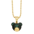 Green zircon teddy bear pendant necklace with gold beaded chain and polished finish - Green