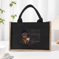 Black canvas tote bag with beige trim and inspirational coffee and Jesus quote print - Black Graphic 10