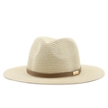 Detail of light beige straw fedora hat featuring a brown leather band and gold metal buckle - Beige