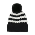 Gorro de punto a rayas blancas y negras para mujer con gran pompón de pelo sintético - M (56-58cm) / Negro
