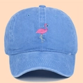Washed blue cotton baseball cap featuring a pink flamingo embroidery design - Adjustable / Light Blue