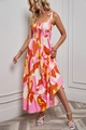 Dettaglio del vestito estivo floreale schiena scoperta con gonna a balze e spalline - S / Foglie Rosso Arancio