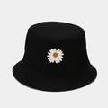 Close-up of high-quality white daisy embroidery on black cotton fisherman hat - M (56-58cm) / Black
