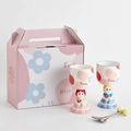Creative hand-painted ceramic goblet gift set with cute girl base and matching spoons - Princess Red and Blue Couple Cups and 2 Spoons