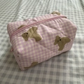 Pink checkered teddy bear quilted cosmetic bag with zipper and cartoon pattern - Pink Bear