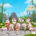Set of Qizai brown panda blind box figures in various poses with bamboo on wood base - A132 Seven Panda Set 8 / Full Box Set