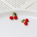 Mini red cherry charms with green leaves and gold rings for DIY jewelry making - 09#Cherry (11*12mm)