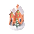 Miniatur-Weihnachtshaus aus Harz in Orange mit verschneitem Baum für die Deko - Stil G (Zweistöckiges Oranges Haus)