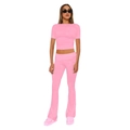 Women's two-piece set featuring a pink short-sleeve slim T-shirt and matching wide-leg pants - Deep Pink