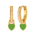Detail of gold S925 silver earrings with green heart pendant and sparkling zircon stones - Zirconia Heart Hoop / Green Gold