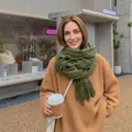 Women's green knit wool cashmere scarf with fringe details and thick texture - Army Green