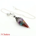 Sechseckiges 7-Chakra-Kristallpendel mit antikem Silberfinish und Metallkette - 7 Chakra