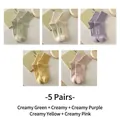 Five-pack of ribbed mid-calf cotton socks in pastel macaron colors with hello print - 5 Pairs - Green + Cream + Purple + Yellow + Pink