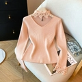 Slim fit apricot knit sweater featuring French V-neck lace collar and matching floral cuffs - One Size / Pink