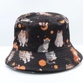 Detail of black reversible bucket hat with all-over cartoon cat and orange dot prints - 23# Black Cartoon Cat Print