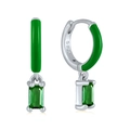 S925 silver hoop earrings with green enamel and rectangle emerald-cut gemstones - 30-Green Enamel Green Rect
