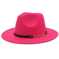 Close-up of fuchsia wide brim fedora with black leather band and gold metal chain - M (56-58cm) / Rose Red