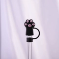 Cute black silicone cat paw straw cover for 10mm straws with pink paw details - Black Cat Paw