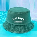 Vintage Fischerhut aus grüner Baumwolle mit weißem SHITSHOW SUPERVISOR-Schriftzug - Einheitsgröße / Dunkelgrün