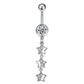 Macro shot of silver belly ring with round zircon and triple star charms - Style 11-Pavé Triple Star Dangle