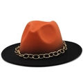 Detail of fedora hat featuring orange crown, black brim and chunky gold metal chain - M (56-58cm) / Orange Black Two-Tone