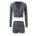 Gray knit two-piece set featuring V-neck button cardigan and high-waist shorts with lace trim - S / Gray