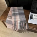 Detail of pink and grey plaid scarf with soft fringe on a wooden bench setting - Light Pink Horizontal Stripe