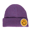 Purple ribbed knit beanie featuring a yellow fuzzy embroidered smiley face patch - One Size / Purple