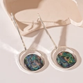 Detailed view of silver hoop earrings featuring colorful iridescent abalone shell inlays - Silver Needle - Colorful Irregular Round Drop Earrings