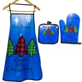 Blue Christmas kitchen set with apron, oven mitt, and pot holder featuring tree patterns - Blue Christmas Style 3-Piece Set (Merry Little Christmas)