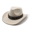 Dettaglio cappello cowboy in lana avena con fascia in pelle e fibbia testa di toro - M (56-58cm) / Beige