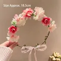 Pink and white floral headband for girls with translucent ribbon bow, 18.5cm size - Rose Pink Flower Garland