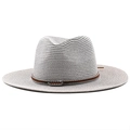 Grey woven straw fedora hat for sun protection with a brown ethnic leather band - M (56-58cm) / Gray