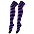 Women's thigh high socks featuring classic purple and black horizontal stripes for cosplay - One Size / Thin Stripes / Blue Purple/Black