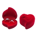 Red heart-shaped velvet ring box with rose relief detail and silver diamond rings - Red / Heart Flower Skewed Double Ring / Red